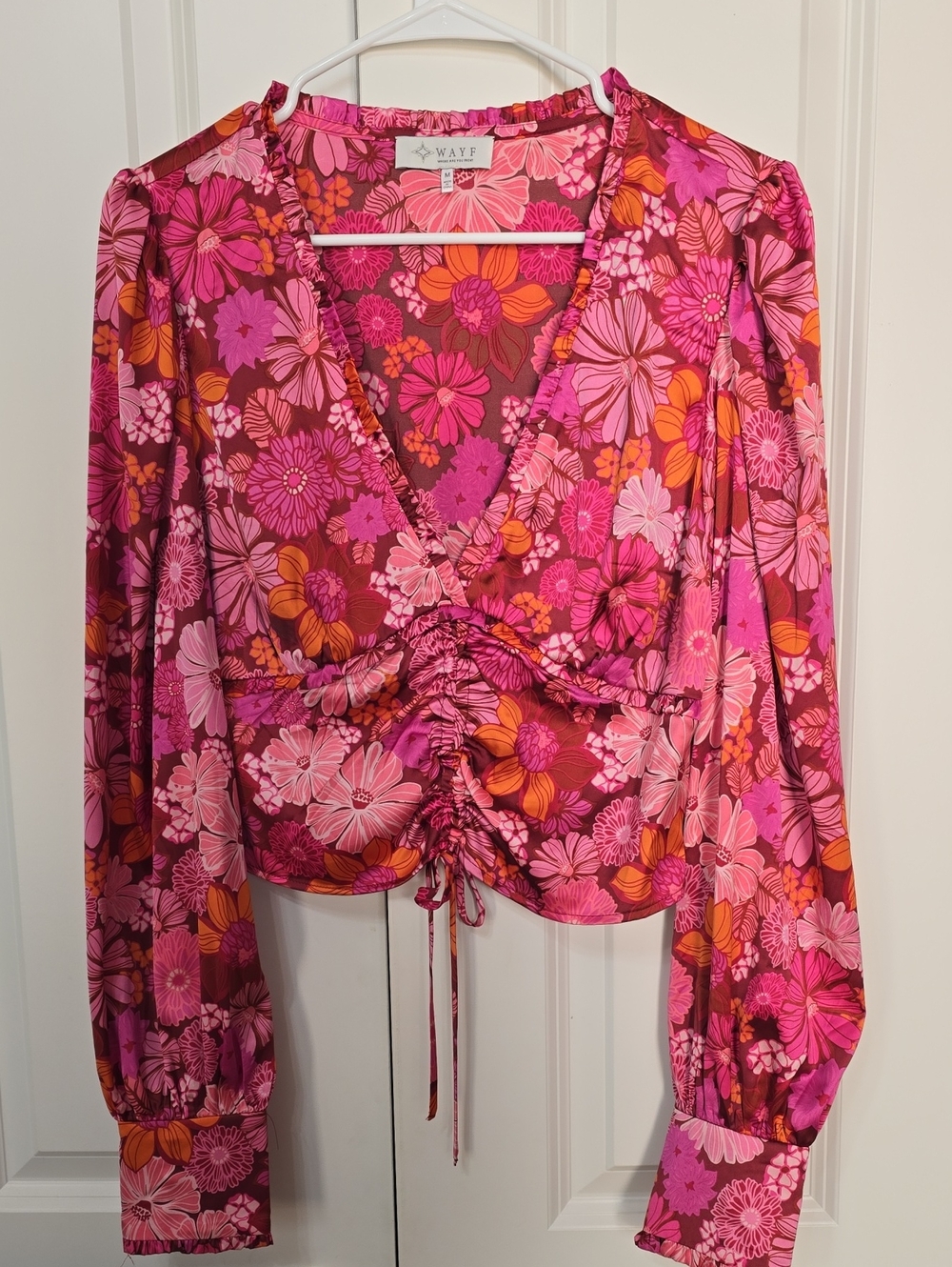 Wayf Pink and Orange Floral Ruched V-Neck Blouse